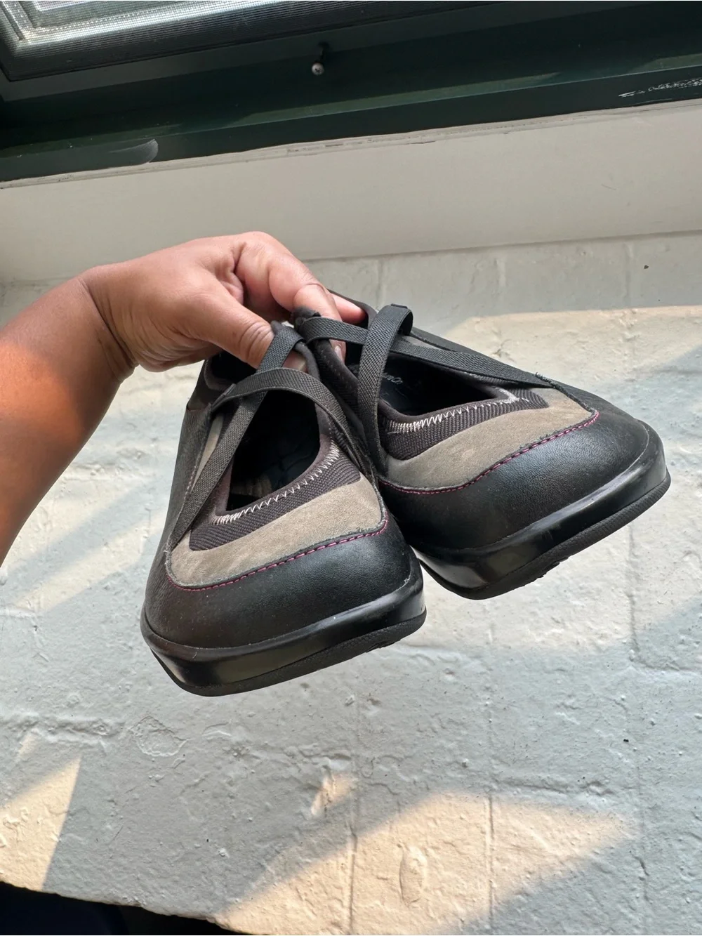 Women’s Black Wedge Mary Jane Shoes with Subtle Pink Stitching